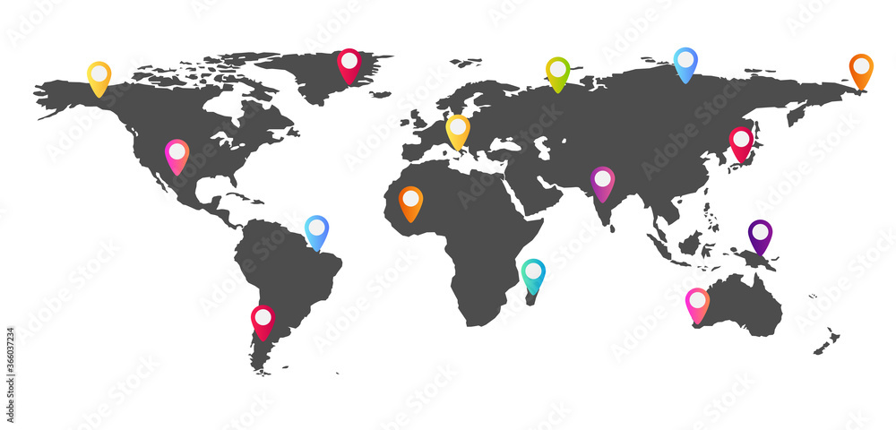 Aufkleber Set of map pins. Colorful objects on a big world map. Travel concept. Different locations.