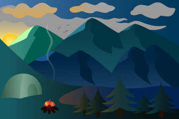 Sunrise. Vector illustration. Mountain landscape. Camping by the lake. A fire burns out next to the tent. Morning is coming. Birds fly into the distance. The flame of fire illuminates the fir forest. 