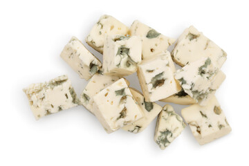 diced Blue cheese isolated on white background with clipping path and full depth of field. Top view. Flat lay.