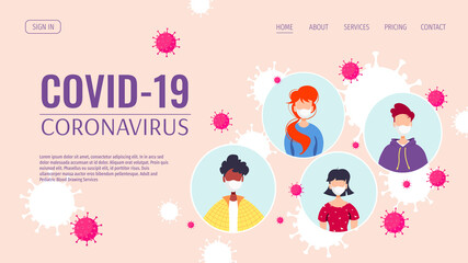 Web page design with people in medical masks. Coronavirus, Epidemic, Medicine, Health care, Quarantine, Immunity concept. Vector illustrations for poster, banner, flyer, cover.