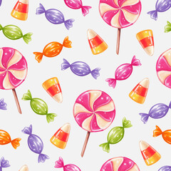 Halloween party sweets seamless pattern. Candy corn, lollipops, and bonbons