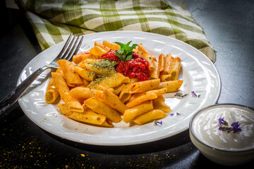 macaroni, pasta, plate, food, potato, meal, french, fried, dish, fries, dinner, lunch, french fries, snack, chips, potatoes, cooked, isolated, white, penne, cuisine, fry, fast, sauce, tomato, tasty, h