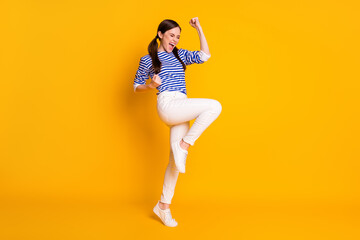 Full length body size view of her she nice attractive pretty lovely overjoyed cheerful cheery...
