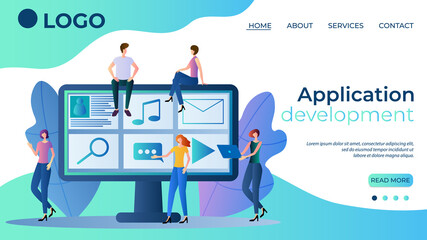 Application development.People engaged in the development and testing of mobile applications.Interface design.The template of the landing page.Flat vector illustration.