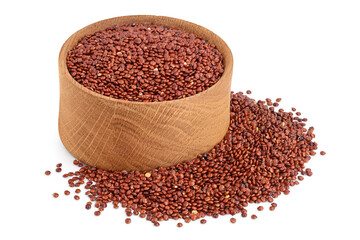 red quinoa seeds in wooden bowl isolated on white background with clipping path and full depth of field
