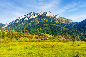 View of Trzy Korony (Three Crowns) peak in Pieniny National Park, Poland on a warm summer day.