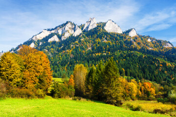 View of Trzy Korony (Three Crowns) peak in Pieniny National Park, Poland on a warm summer day.