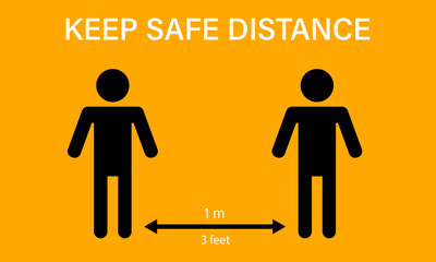 Social distancing warning. Keep safe distance. Two black figures on a yellow background. Vector illustration.