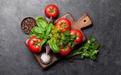 Italian cuisine ingredients. Tomatoes, herbs and spices