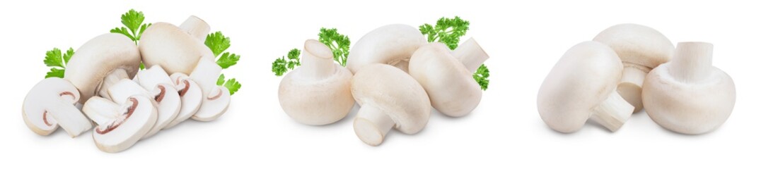 Fresh mushrooms champignon isolated on white background with clipping path and full depth of field. Set or collection