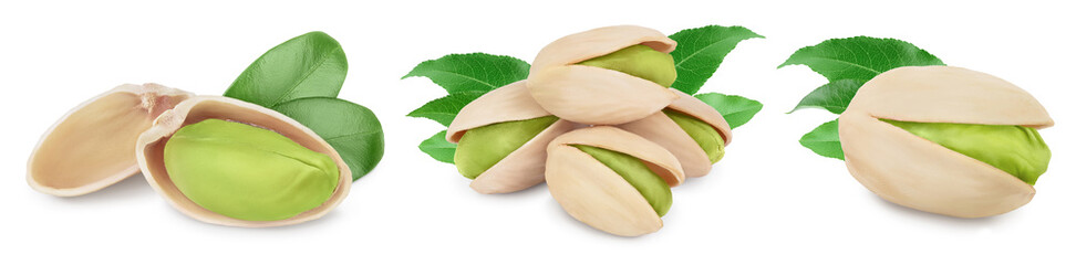 pistachio with leaves isolated on white background with clipping path and full depth of field. Set r collection