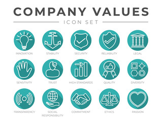 Flat Outline Company Core Values Icon Set Isolated. Innovation, Security, Reliability, Transparency, Social Responsibility, Commitment, Ethics, Passion Icons.