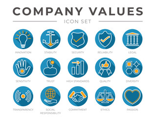 Flat Colorful Outline Company Core Values Icon Set. Innovation, Stability, Security, Reliability, Trust, High Standard, Quality, Transparency, Social Responsibility, Commitment, Ethics Passion Icons.