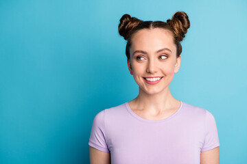 Closeup photo of attractive teen lady two funny buns good mood charming cute appearance look...