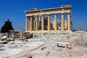 Fototapeta premium Greece, Athens, July 16 2020 - View of the archaeological site of the Acropolis, with Parthenon temple in the background.