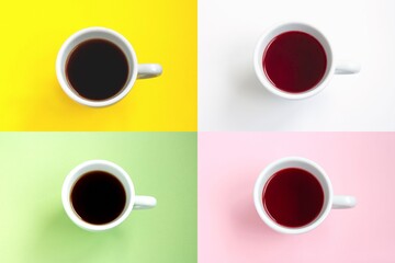 Creative collage. White cup of coffee on colorful background