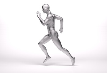 3D Rendering : a running male character with silver texture on the body