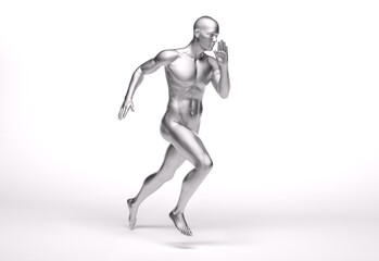 3D Rendering : a running male character with silver texture on the body