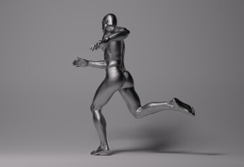 3D Rendering : a running male character with silver texture on the body