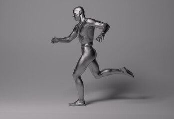 3D Rendering : a running male character with silver texture on the body
