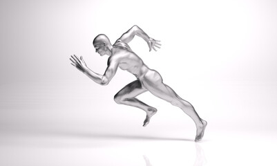 Fototapeta na wymiar 3D Rendering : a running male character with silver texture on the body