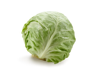 Obraz premium Raw, light green cabbage isolated on white background. Smooth-leafed vegetable, fresh harvest. Close up, copy space