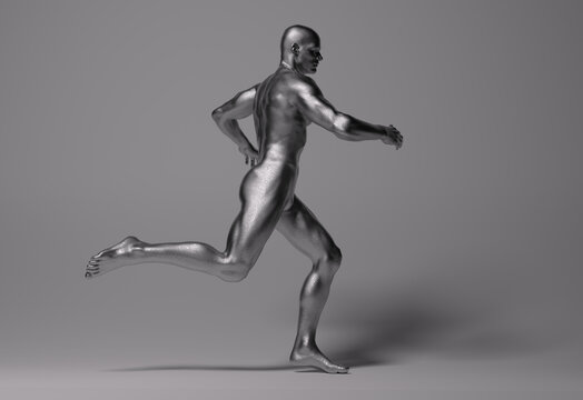 3D Rendering : a running male character with silver texture on the body