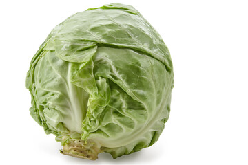Fototapeta premium Whole, pale green cabbage isolated on white studio background. Smooth-leafed vegetable, summer harvest. Close up, copy space