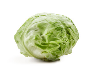 Whole, pale green cabbage isolated on white background. Smooth-leafed vegetable, ripe summer crop. Close up, copy space