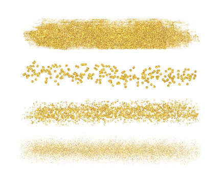 Set of gold glitter brush stroke isolated on white background. Beautiful collection, elements for design.