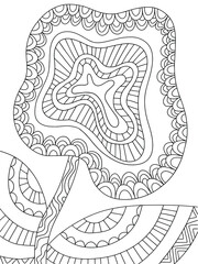 Fantasy ornamental flower coloring page stock vector illustration. Blossom flower and two leaves black outline isolated on white. Detailed flower black and white colouring page for kids and adults.