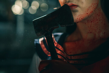 Crime scene and horror with killer girl with blood, Halloween concept.