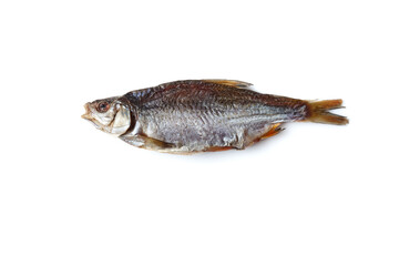 One jerky or dried salted roach, delicious clipfish isolated on white background. Salty beer appetizer. Traditional way of preserving fish. Close up