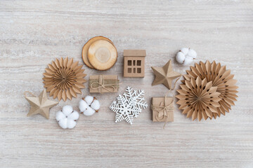 Zero waste Christmas, concept flat layout on rustic wood. Hand crafted gifts with natural