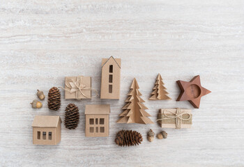 Zero waste Christmas, concept flat layout on rustic wood. Hand crafted gifts with natural