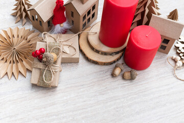 Zero waste Christmas. Ecological celebration concept without plastic. Red candle