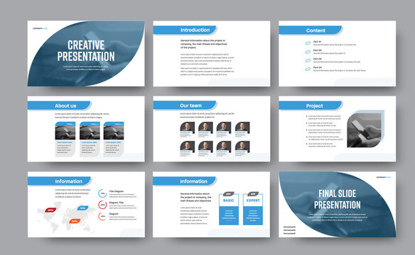 Presentation of templates for business, blue lines and elements for photo on a white background.