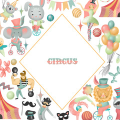 Rhombus frame, card template with hand drawn circus actors, animals and elements of circus or amusement park; kids birthday card design, baby shower or flyer for show