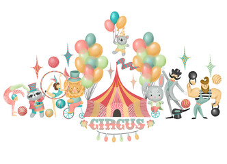 Illustration of hand drawn circus actors, animals and elements of circus or amusement park isolated on white background
