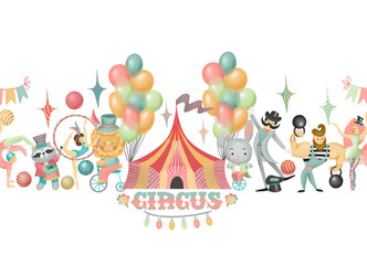 Seamless illustration of hand drawn circus actors, animals and elements of circus or amusement park isolated on white background