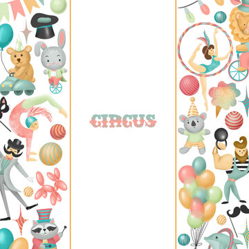 Frame, card template with hand drawn circus actors, animals and elements of circus or amusement park; kids birthday card design, baby shower or flyer for show