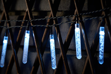 Bright blue lights hanging in the night garden