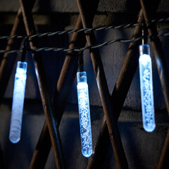 Bright blue lights hanging in the night garden