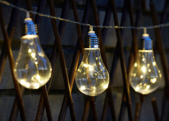 Bright yellow lights hanging in the night garden