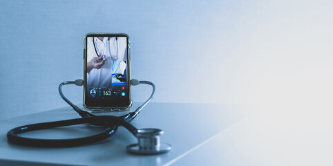 Telemedicine concept,Medical Doctor online communicating the patient on VR medical interface with...