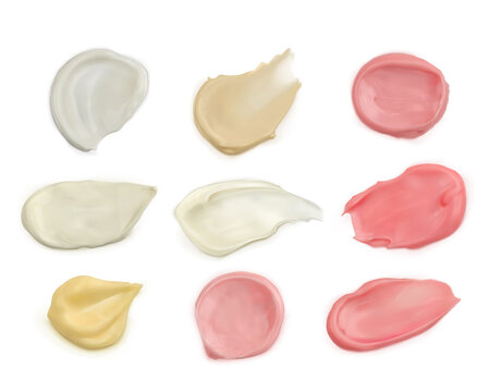 Cosmetic smears of different shapes and colors isolated on a white background. Smears of cream of white, beige, pink, yellow. Vector Set.