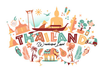 Collection of Thailand symbols with text. Vector poster. Postcard in trend color. Travel illustration. Web banner of travel with letters. - 366045420