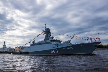 close-up military warship in the water area of the neva