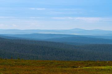 A beautiful natural view of the wilderness at the peak of Kaunispää fell in Saariselkä, Lapland.