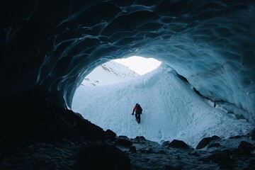 Silhouette of an adventurous young man hiking in a cave in winter